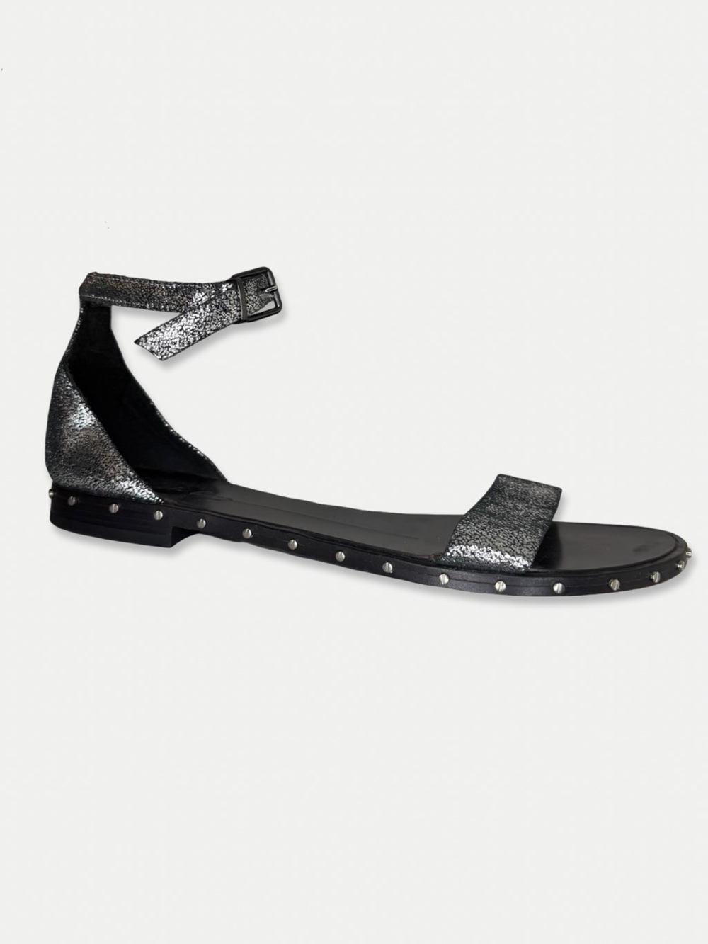 Lola Cruz Size 40 Metallic Silver Black Studded Ankle Strap Flat Sandals